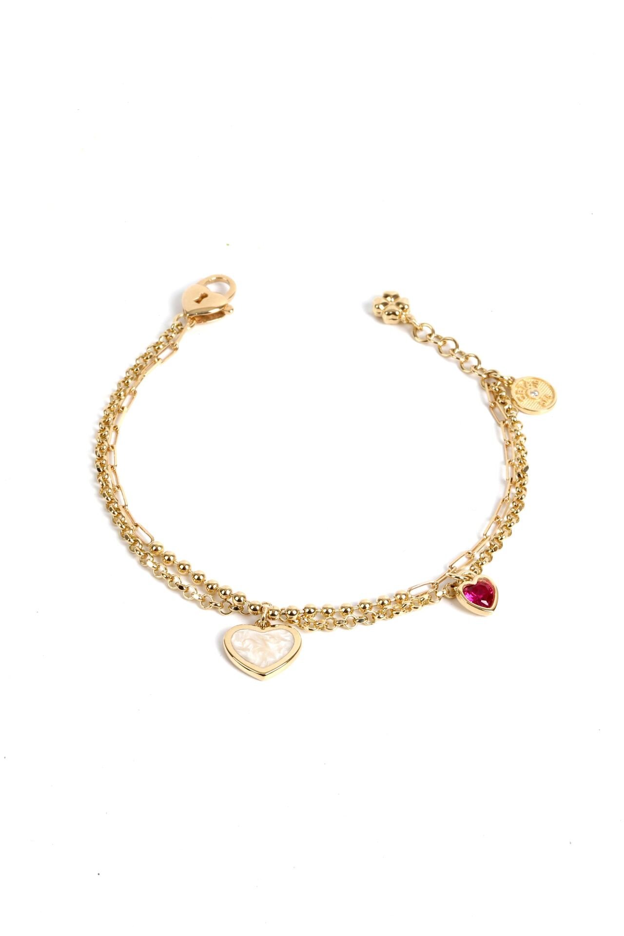 İnci Beyazı ve Kırmızı Taşlı Kalp Figürlü Altın Bileklik