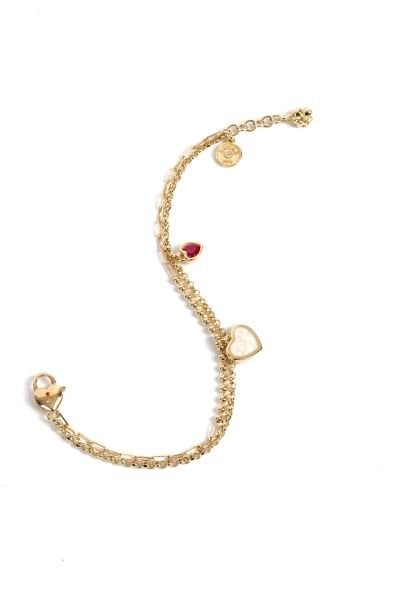 İnci Beyazı ve Kırmızı Taşlı Kalp Figürlü Altın Bileklik