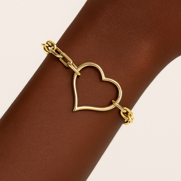 Zincir Kordonlu Kalp Tasarımlı Altın Bileklik