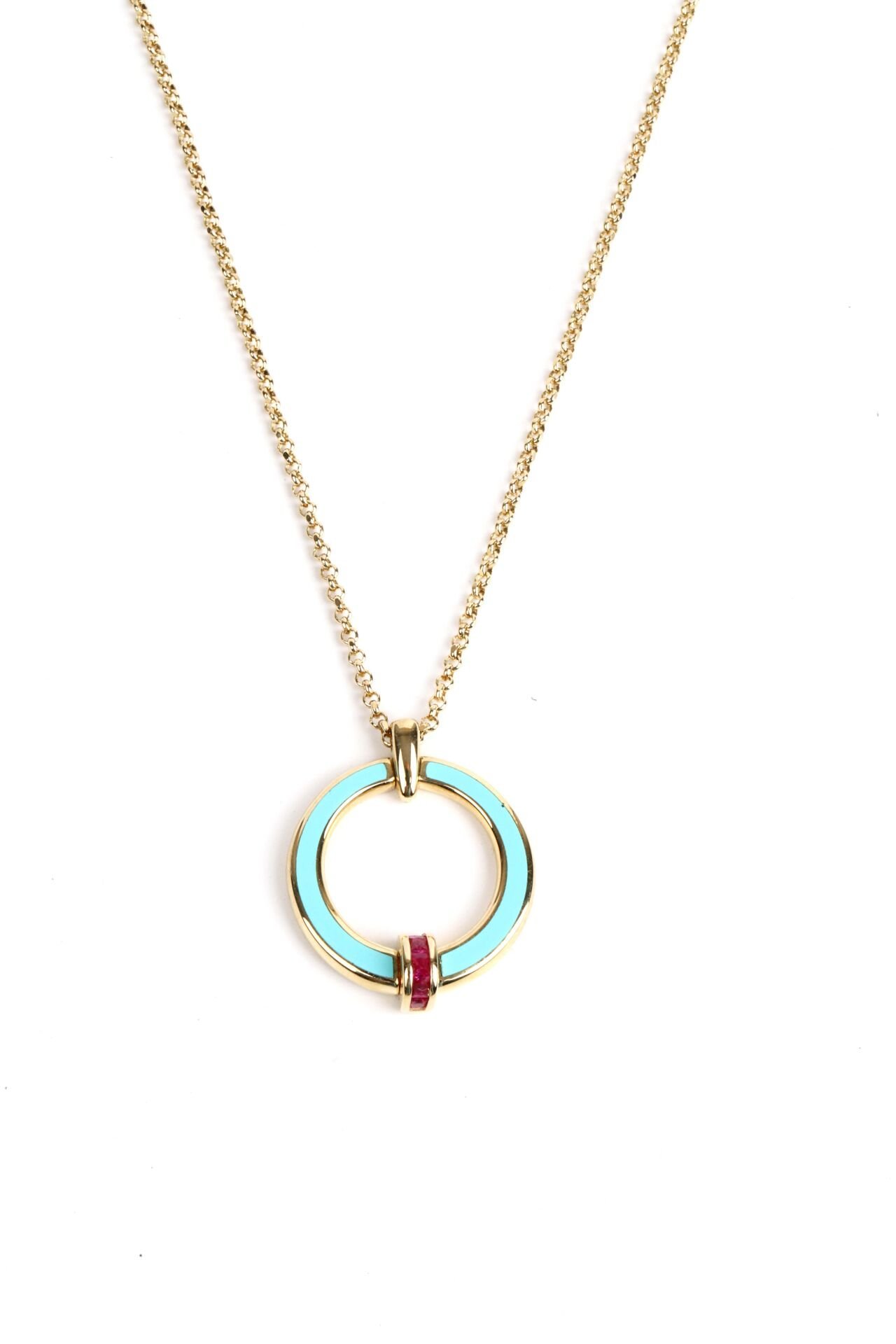 Altın Halkalı Turkuaz & Yakut Detaylı Kolye