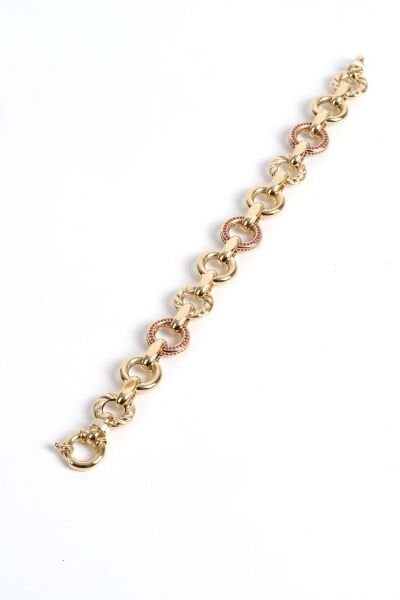 Pembe Taş Detaylı Halkalı Altın Bileklik