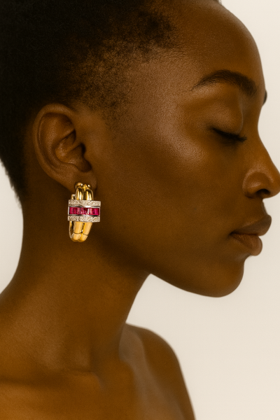 Pembe Taşlı ve Pırlanta Detaylı Altın Halka Küpe