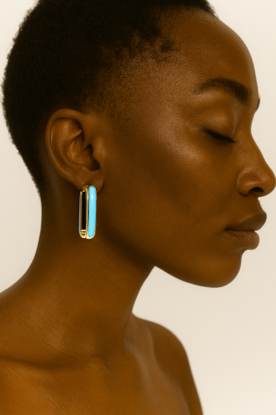 Altın Dikdörtgen Tasarım Turkuaz Detaylı Küpe