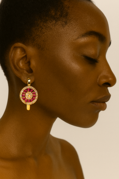 Altın Yuvarlak Tasarım Pembe Taşlı Küpe