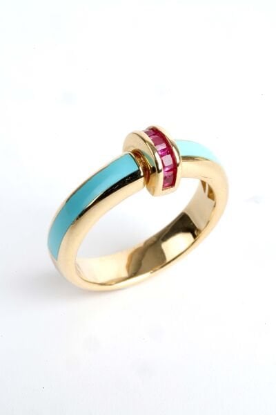 Turkuaz Detaylı ve Yakut Taşlı Altın Yüzük
