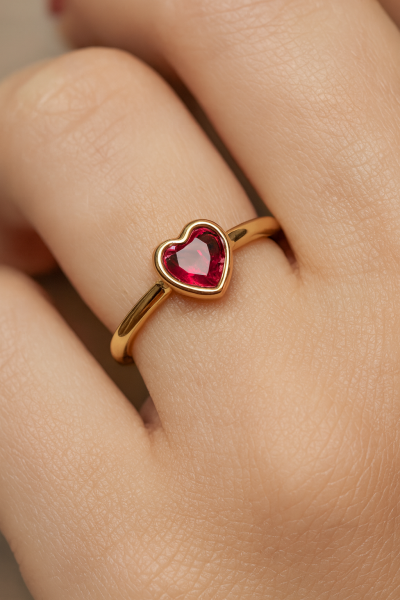 Kalp Motifli Yakut Taşlı Altın Yüzük