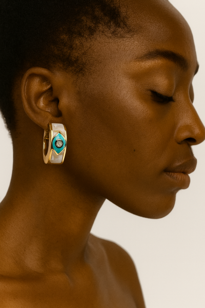 Sedef Detaylı Nazar Boncuklu Altın Küpe