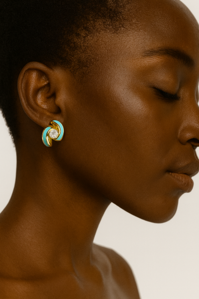 Altın Turkuaz Detaylı Tektaş Küpe