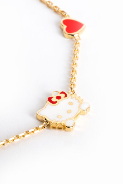 14 Ayar Altın Kırmızı Kalp ve Yıldızlı Hello Kitty Çocuk Bilekliği