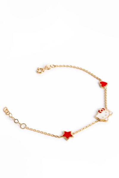 14 Ayar Altın Kırmızı Kalp ve Yıldızlı Hello Kitty Çocuk Bilekliği
