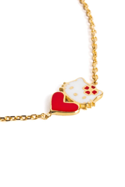 14 Ayar Altın Bitişik Kırmızı Kalpli Hello Kitty Çocuk Bilekliği