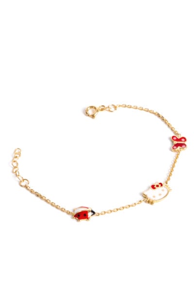 14 Ayar Altın Uğur Böceği ve Kelebekli Hello Kitty Çocuk Bilekliği