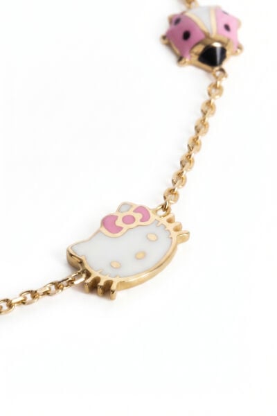 14 Ayar Altın Pembe Uğur Böcekli Hello Kitty Çocuk Bilekliği