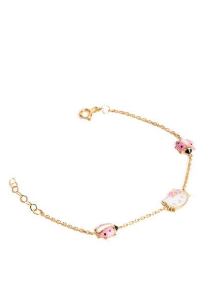 14 Ayar Altın Pembe Uğur Böcekli Hello Kitty Çocuk Bilekliği