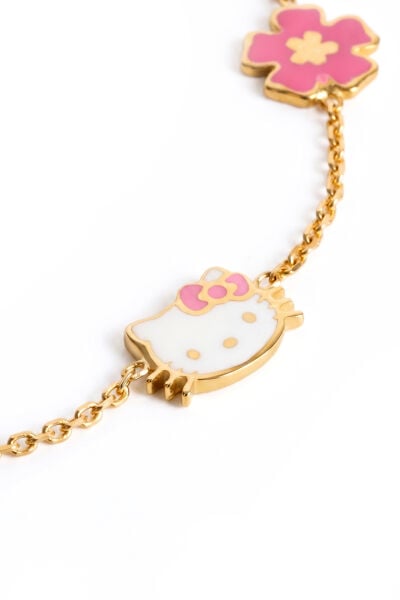 14 Ayar Altın Pembe Gülen Yüz ve Çiçekli Hello Kitty Çocuk Bilekliği