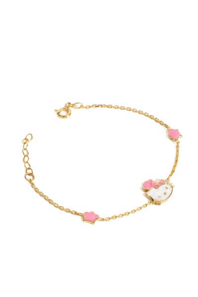 14 Ayar Altın Pembe Bulut Motifli Hello Kitty Çocuk Bilekliği
