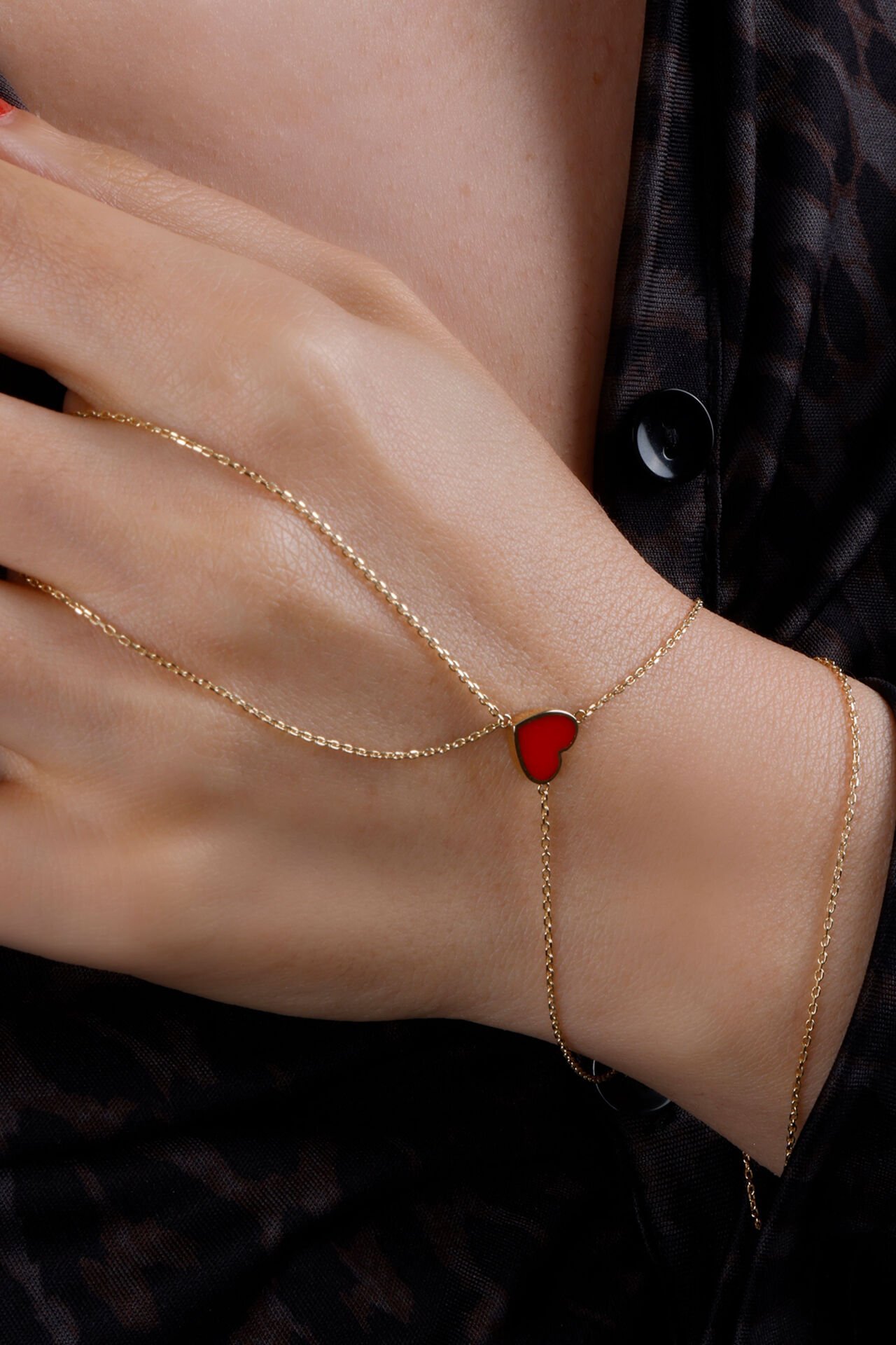 Altın Kırmızı Mineli Kalp Şahmeran Bileklik