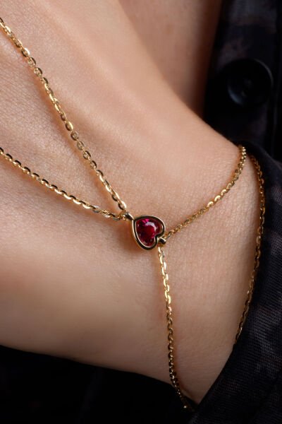 Altın Kırmızı Taşlı Kalp Şahmeran Bileklik