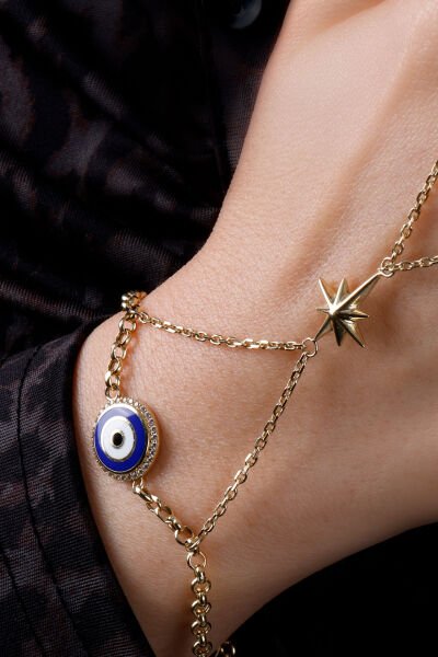 Altın Nazar Boncuklu ve Yıldız Detaylı Şahmeran Bileklik