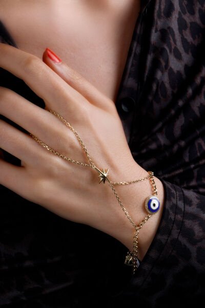 Altın Nazar Boncuklu ve Yıldız Detaylı Şahmeran Bileklik