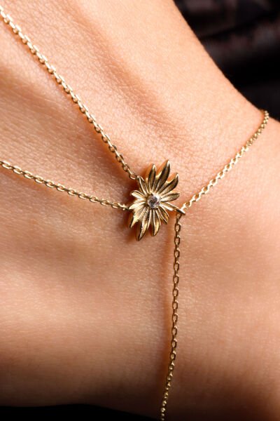 Altın Güneş Figürlü Tek Taşlı Şahmeran Bileklik