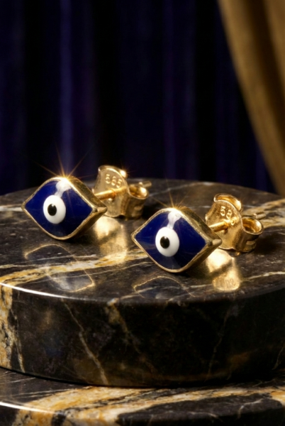 Altın Modern Göz Figürlü Küpe - Lacivert Mineli ve Taşlı