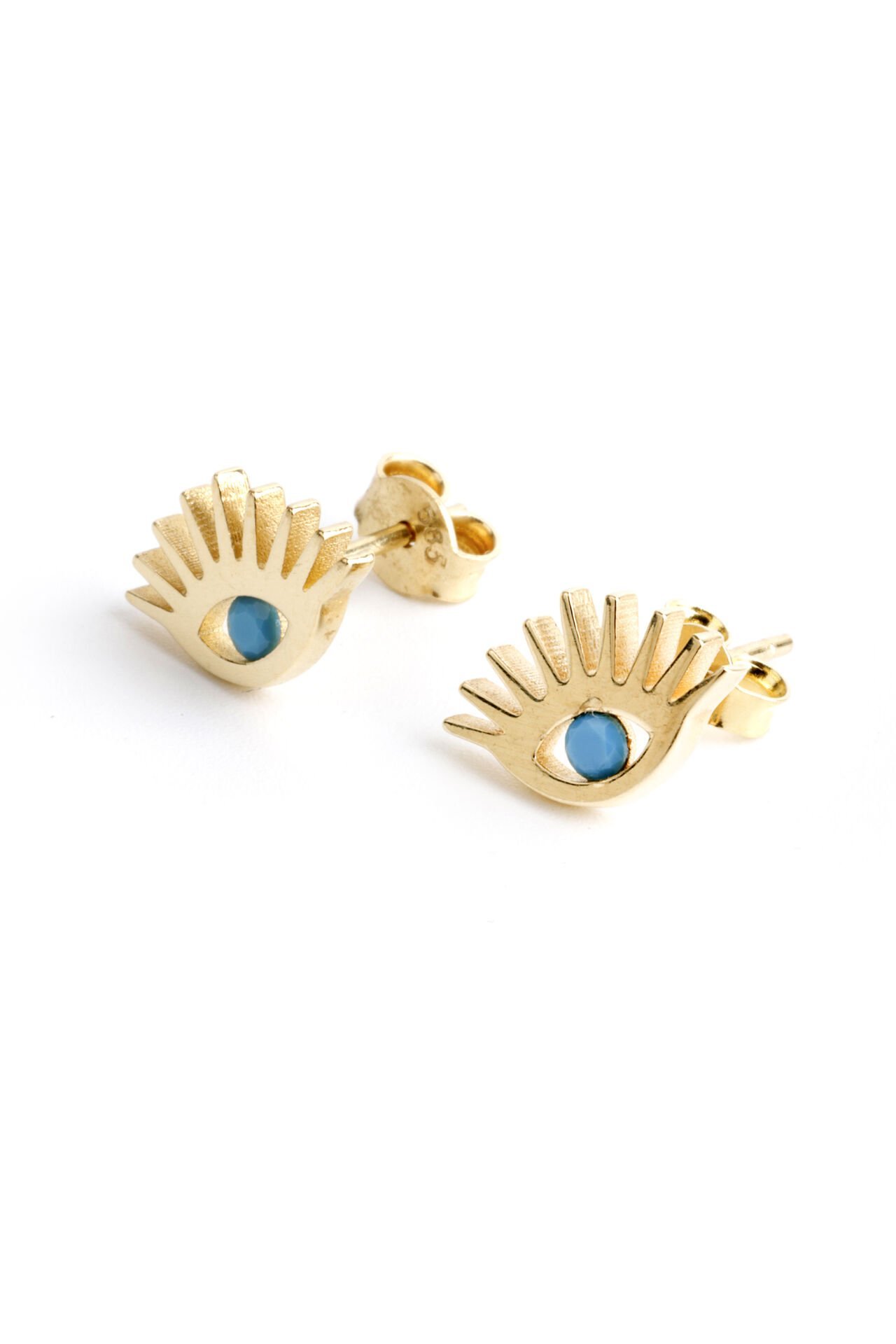 Altın Turkuaz Taşlı Kirpik Formlu Göz Küpe