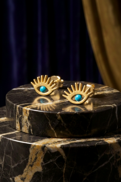 Altın Turkuaz Taşlı Kirpik Formlu Göz Küpe