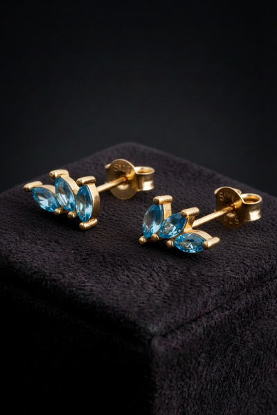 Altın Mavi Markiz Taşlı Üçlü Yaprak Küpe