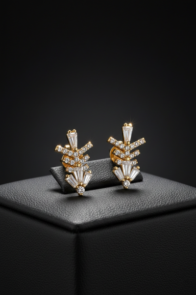 Altın Baget ve Yuvarlak Taşlı Modern Tasarım Küpe