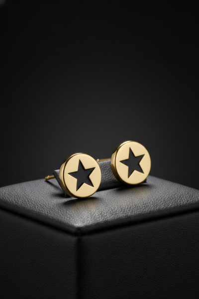 Altın Siyah Yıldız Figürlü Madalyon Küpe