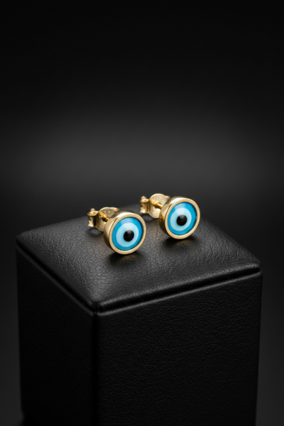 Altın Turkuaz Mineli Nazar Boncuğu Saplama Küpe