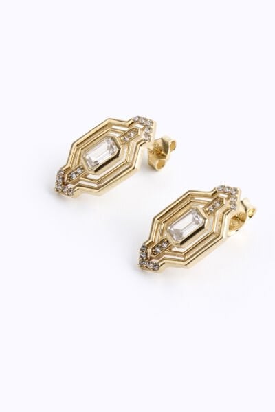 Altın Baget Taşlı Art Deco Tasarım Küpe