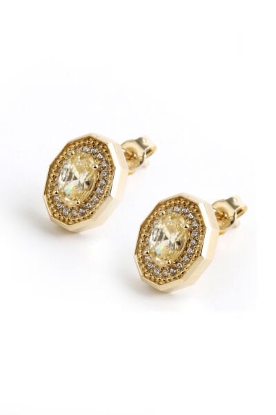 Altın Sarı Taşlı Oval Kesim Oktagon Küpe