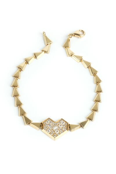 Altın Geometrik Zincirli Taşlı Kalp Bileklik