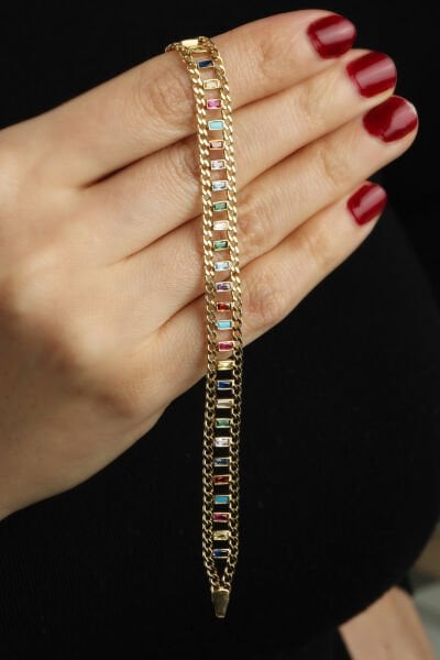 Altın Renkli Baget Taşlı Çift Zincir Gurmet Bileklik