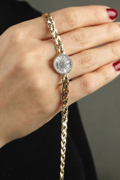 Altın Baget Taşlı Güneş Formlu Modern Zincir Bileklik