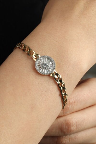 Altın Baget Taşlı Güneş Formlu Modern Zincir Bileklik