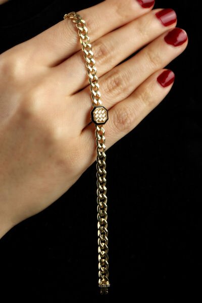 Altın Baget Taşlı Oktagon Figürlü Gurmet Zincir Bileklik