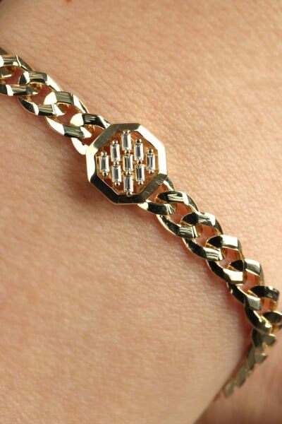 Altın Baget Taşlı Oktagon Figürlü Gurmet Zincir Bileklik