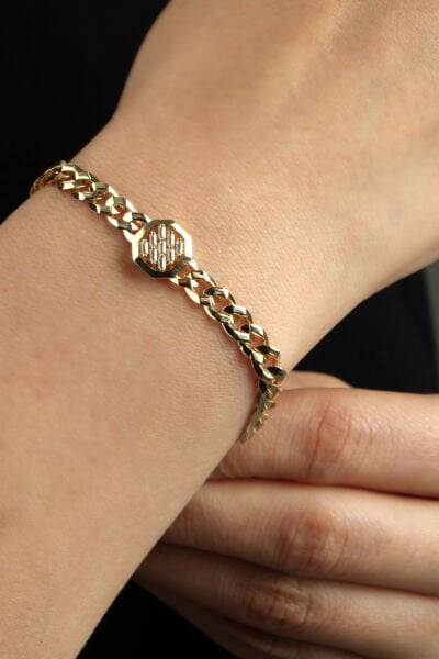 Altın Baget Taşlı Oktagon Figürlü Gurmet Zincir Bileklik