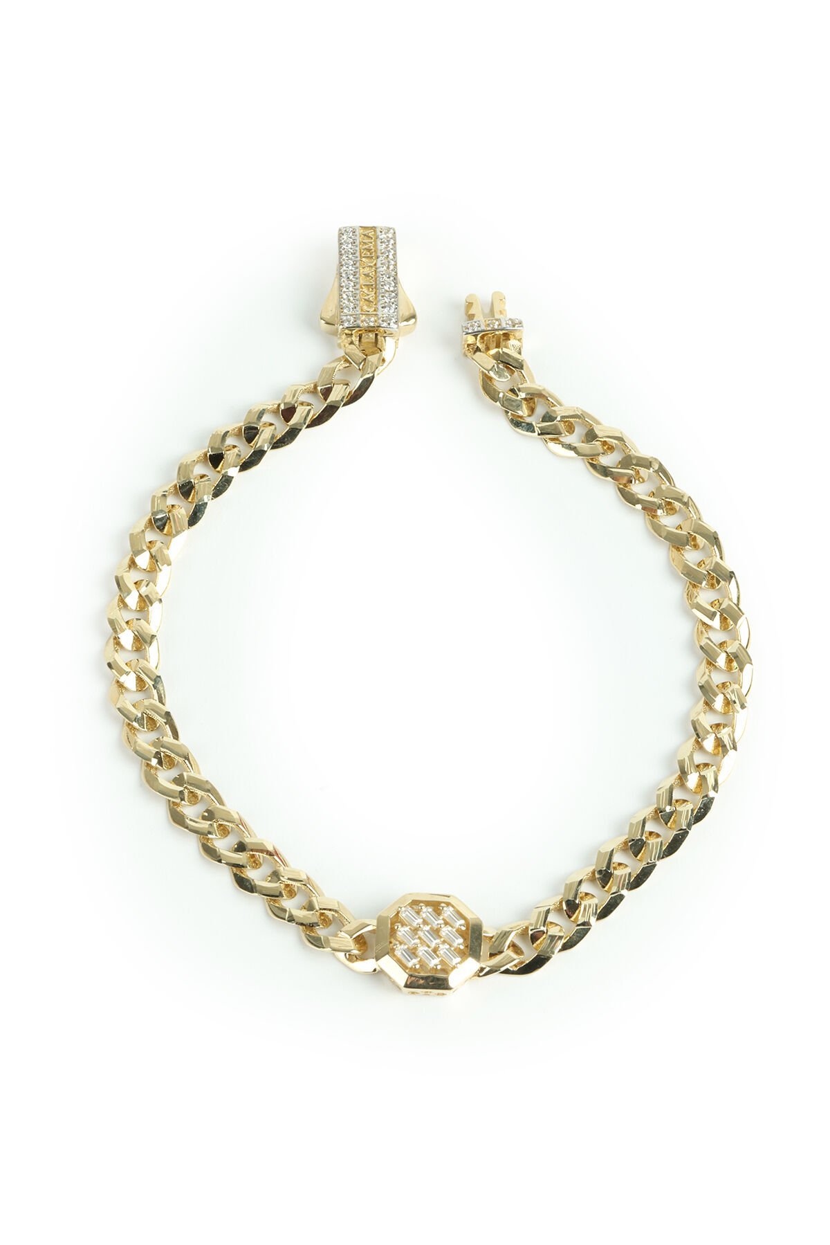 Altın Baget Taşlı Oktagon Figürlü Gurmet Zincir Bileklik