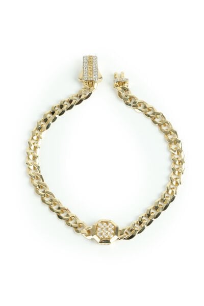 Altın Baget Taşlı Oktagon Figürlü Gurmet Zincir Bileklik