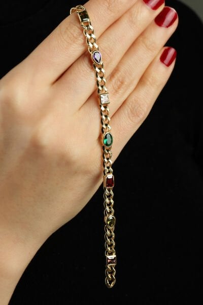Altın Karışık Formlu Renkli Taşlı Modern Zincir Bileklik