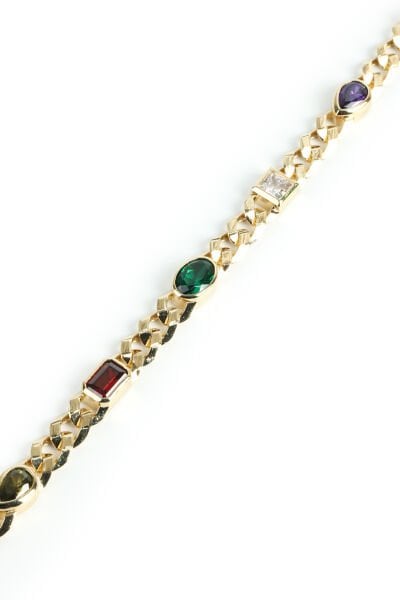 Altın Karışık Formlu Renkli Taşlı Modern Zincir Bileklik