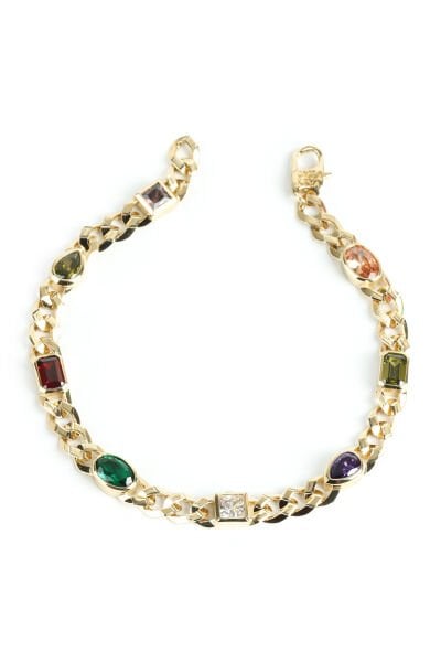 Altın Karışık Formlu Renkli Taşlı Modern Zincir Bileklik