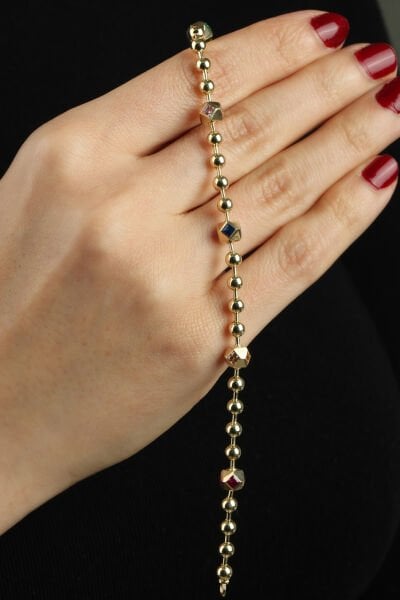 Altın Renkli Küp Taşlı Top Zincir Bileklik