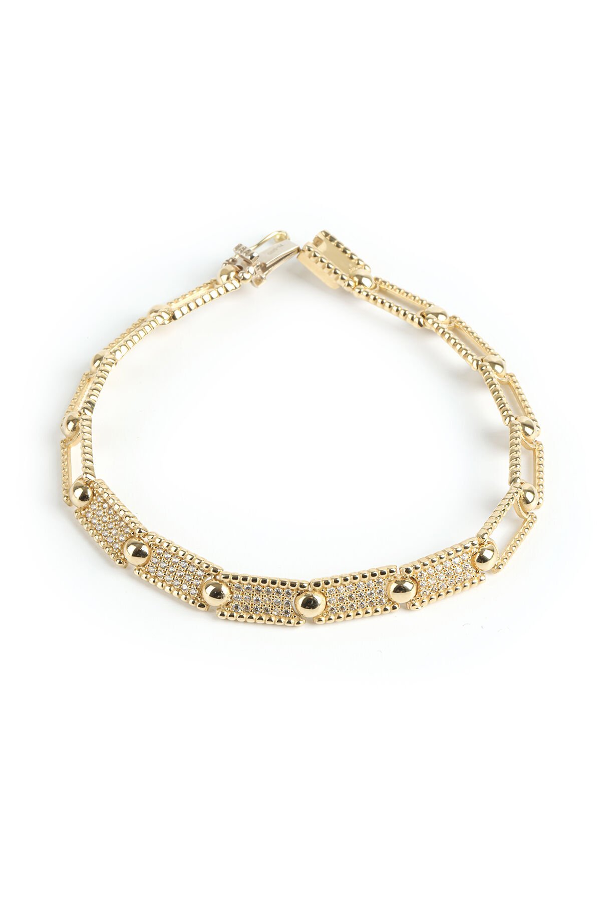 Altın Mikro Taşlı ve Küre Detaylı Modern Plaka Bileklik