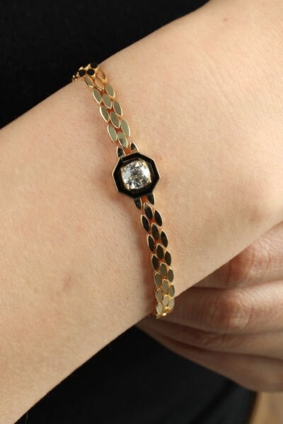 Altın Siyah Mineli Tektaş Detaylı Yaprak Örgü Bileklik