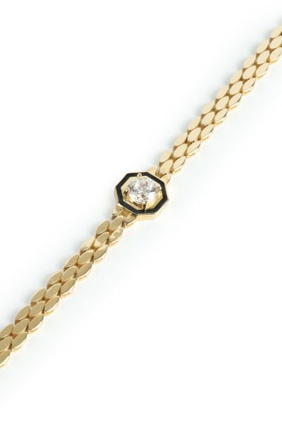 Altın Siyah Mineli Tektaş Detaylı Yaprak Örgü Bileklik